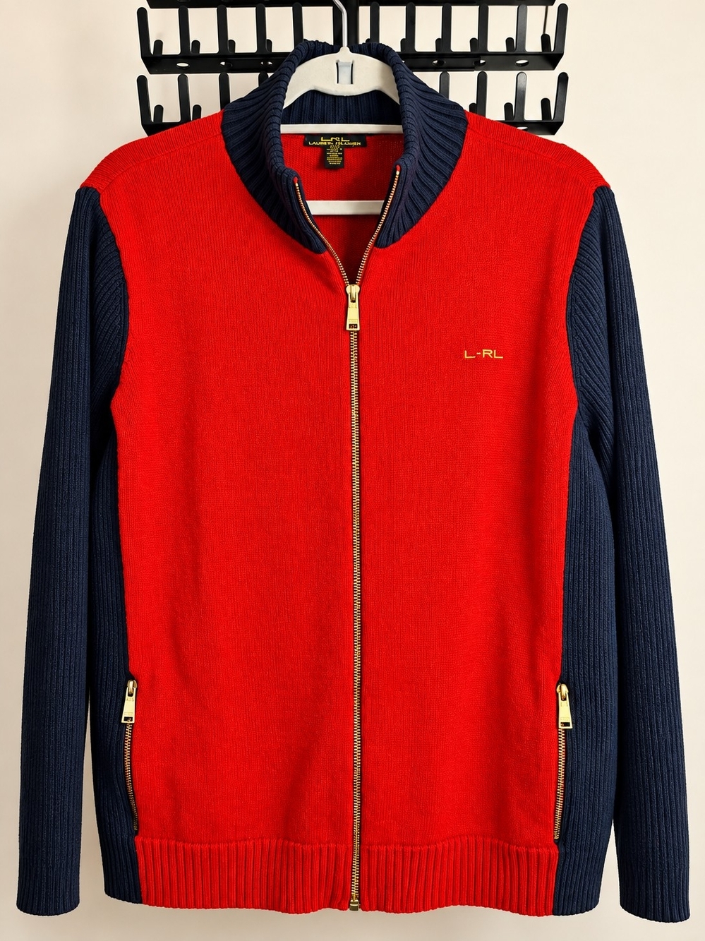 Lauren Ralph Lauren Red and Black Full-Zip Sweater